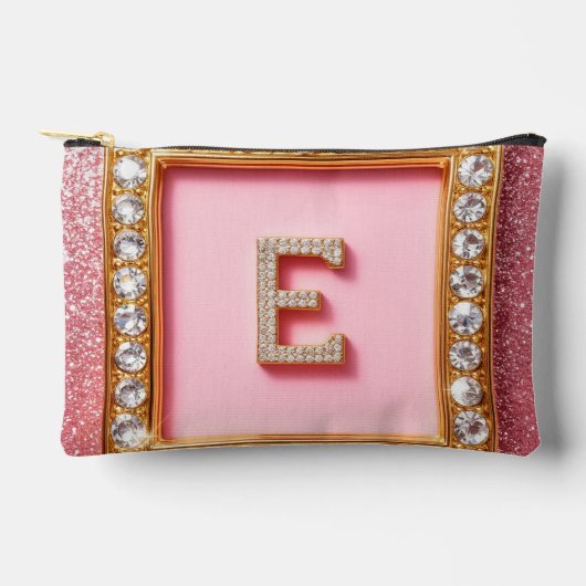 Diamant Initiaal E Gouden Frame Roze Glitters Mono Etui (Voorkant)