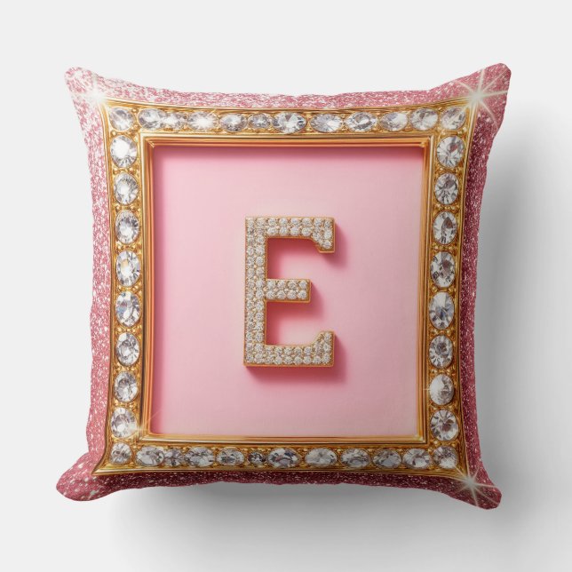 Diamant Initiaal E Gouden Frame Roze Glitters Mono Kussen (Voorkant)