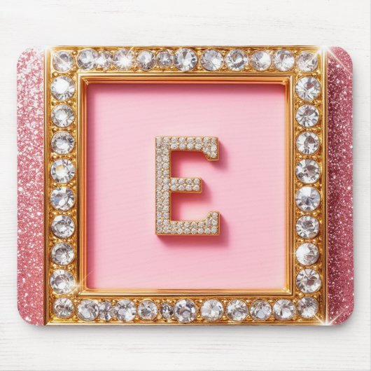 Diamant Initiaal E Gouden Frame Roze Glitters Mono Muismat (Voorkant)