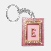Diamant Initiaal E Gouden Frame Roze Glitters Mono Sleutelhanger (Voorkant Links)