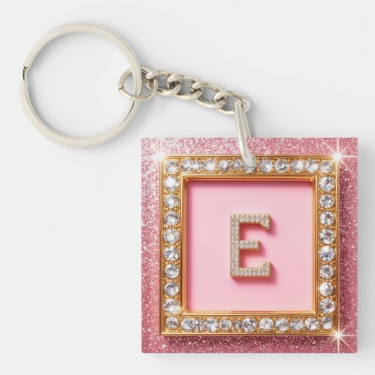 Diamant Initiaal E Gouden Frame Roze Glitters Mono Sleutelhanger (Voorkant)