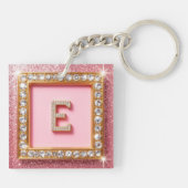 Diamant Initiaal E Gouden Frame Roze Glitters Mono Sleutelhanger (Achterkant)
