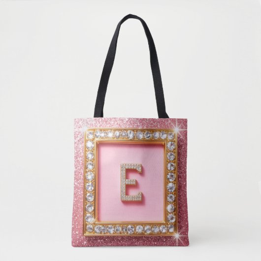 Diamant Initiaal E Gouden Frame Roze Glitters Mono Tote Bag (Voorkant)