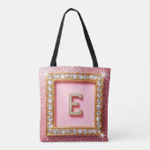 Diamant Initiaal E Gouden Frame Roze Glitters Mono Tote Bag (Achterkant)