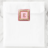 Diamant Initiaal E Gouden Frame Roze Glitters Mono Vierkante Sticker (Tas)