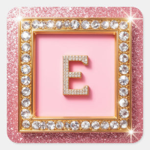 Diamant Initiaal E Gouden Frame Roze Glitters Mono Vierkante Sticker