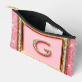 Diamant Initiaal G Gouden Frame Roze Glitter Monog Etui (Open)