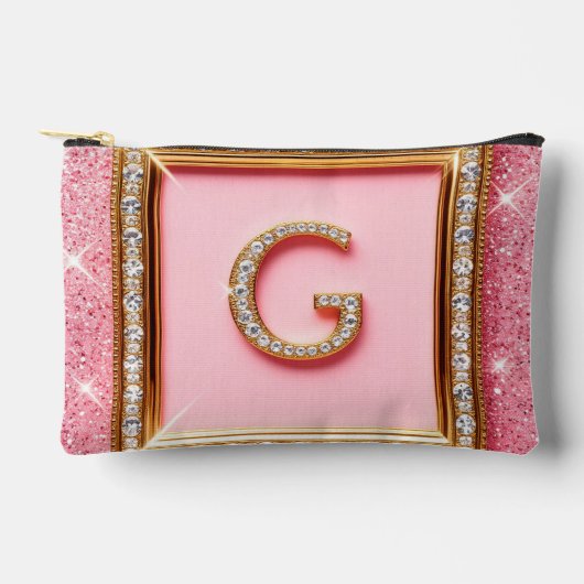 Diamant Initiaal G Gouden Frame Roze Glitter Monog Etui (Voorkant)