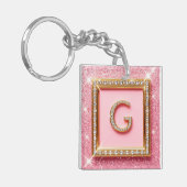 Diamant Initiaal G Gouden Frame Roze Glitter Monog Sleutelhanger (Voorkant Links)