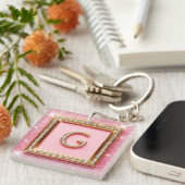 Diamant Initiaal G Gouden Frame Roze Glitter Monog Sleutelhanger (Voorkant Rechts)
