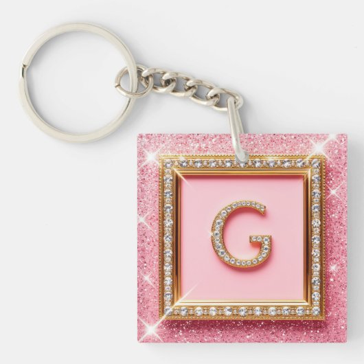 Diamant Initiaal G Gouden Frame Roze Glitter Monog Sleutelhanger (Voorkant)
