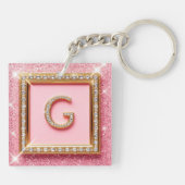 Diamant Initiaal G Gouden Frame Roze Glitter Monog Sleutelhanger (Achterkant)