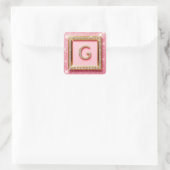 Diamant Initiaal G Gouden Frame Roze Glitter Monog Vierkante Sticker (Tas)