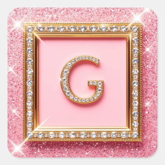 Diamant Initiaal G Gouden Frame Roze Glitter Monog Vierkante Sticker (Voorkant)