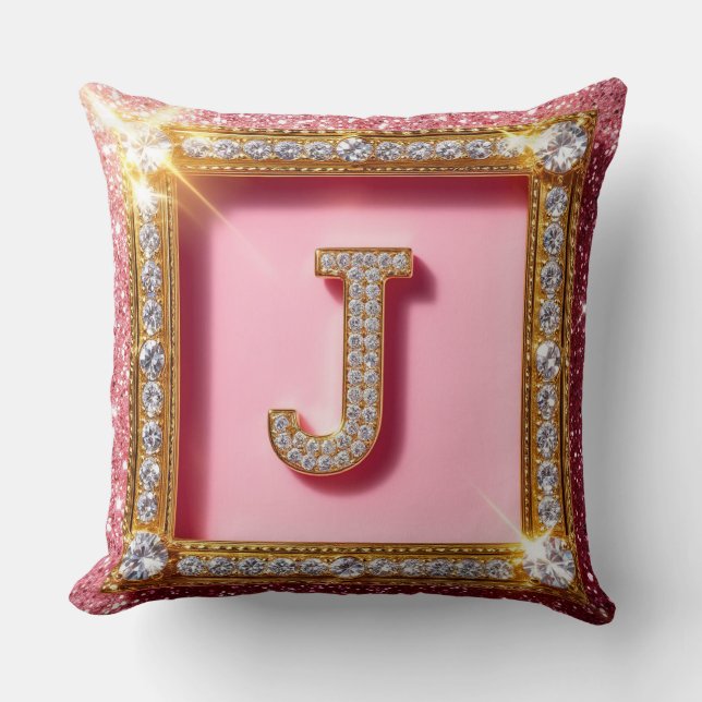 Diamant Initiaal J Roze Glitter Gouden Frame Monog Kussen (Voorkant)