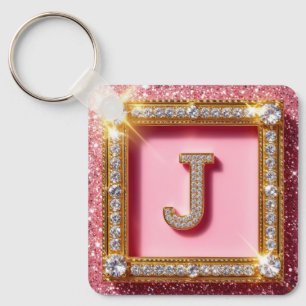 Diamant Initiaal J Roze Glitter Gouden Frame Monog Sleutelhanger
