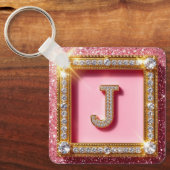Diamant Initiaal J Roze Glitter Gouden Frame Monog Sleutelhanger (Voorkant)