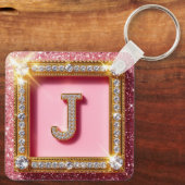 Diamant Initiaal J Roze Glitter Gouden Frame Monog Sleutelhanger (Achterkant)