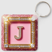 Diamant Initiaal J Roze Glitter Gouden Frame Monog Sleutelhanger (Achterkant)