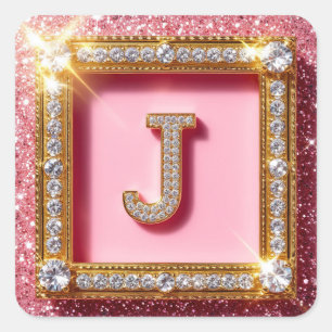 Diamant Initiaal J Roze Glitter Gouden Frame Monog Vierkante Sticker