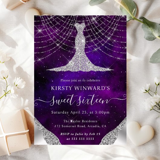 Diamant Jurk & Bokeh Slingerlichten Sweet 16 Kaart