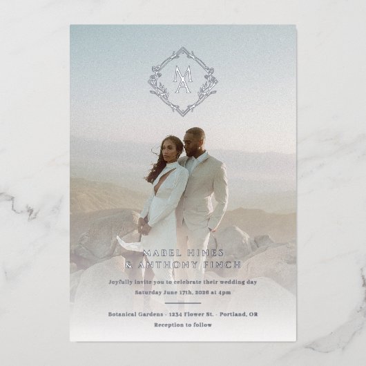 Diamant Monogram en Foto Bruiloft Folie Uitnodiging (Voorkant)