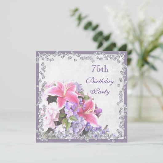 Diamant omlijst bloemen 75e verjaardag kaart (Staand voorkant)