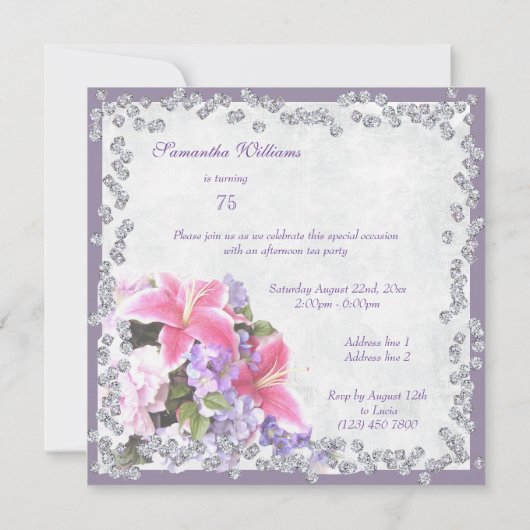 Diamant omlijst bloemen 75e verjaardag kaart (Achterkant)