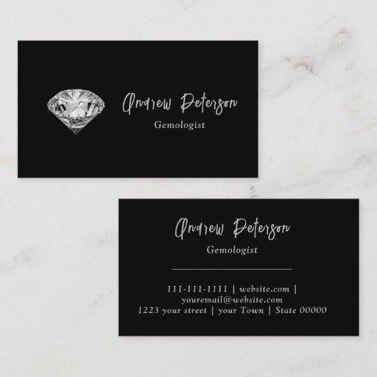 Diamant op zwarte achtergrond met zilveren schrift visitekaartje (Voorkant / Achterkant)