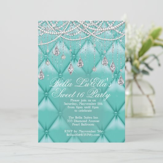 Diamant, Parels en Bling Party Uitnodigingen (Staand voorkant)