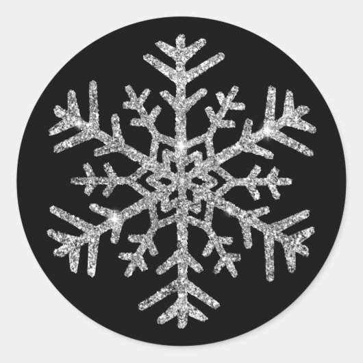 Diamant Sneeuwvlok op Zwarte Winter Bruiloft Ronde Sticker (Voorkant)