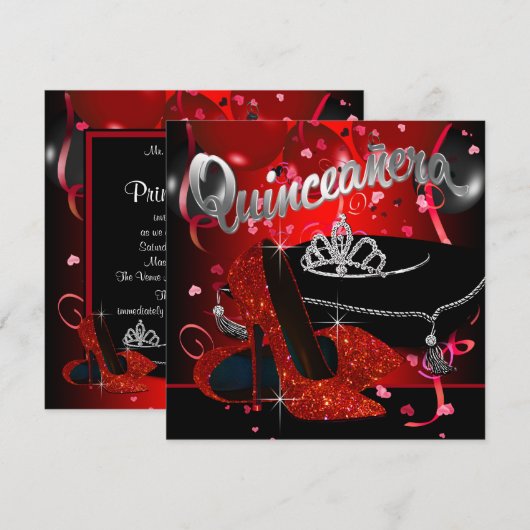 Diamant Tiara Rood en Zwart Quinceanera Kaart (Voorkant / Achterkant)