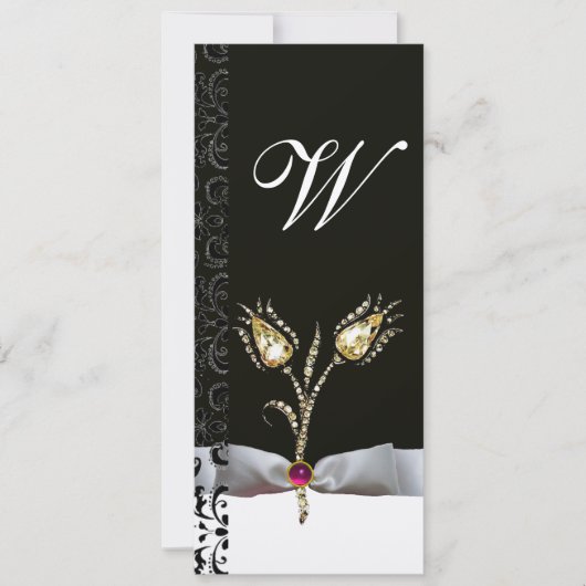DIAMANT TULPEN ,Roze Zwart Wit Damast Monogram Kaart (Voorkant)