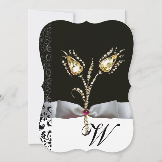 DIAMANT TULPEN ,Roze Zwart Wit Damast Monogram Kaart (Voorkant)