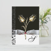 DIAMANT TULPEN , Roze Zwart Witte Damast Monogram Kaart (Staand voorkant)
