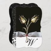 DIAMANT TULPEN , Roze Zwart Witte Damast Monogram Kaart (Voorkant / Achterkant)