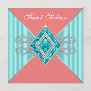 Diamant Turkoois Koraal Sweet 16 Verjaardagsfeestj Kaart