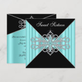 Diamant Turquoise Blauw en Zwart Sweet 16 Verjaard Kaart (Voorkant / Achterkant)