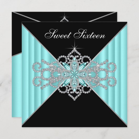 Diamant Turquoise Blauw en Zwart Sweet 16 Verjaard Kaart (Voorkant / Achterkant)