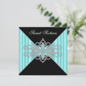 Diamant Turquoise Blauw en Zwarte Sweet 16 Verjaar Kaart (Staand voorkant)