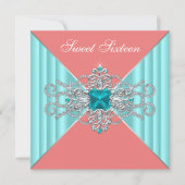 Diamant Turquoise Blauwe Koraal Sweet 16 Verjaarda Kaart (Voorkant)