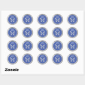 Diamant vlinder, zilver retouradres, medium blauw ronde sticker (Vel)