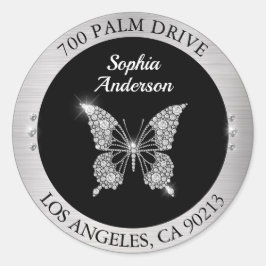 Diamant vlinder, zilveren metaal DIY retouradres Ronde Sticker