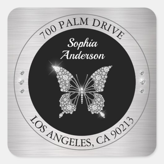Diamant vlinder, zilveren metaal DIY retouradres Vierkante Sticker (Voorkant)
