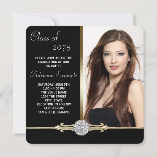 Diamant Zwart en Goud Glam Afstuderen Kaart (Voorkant)