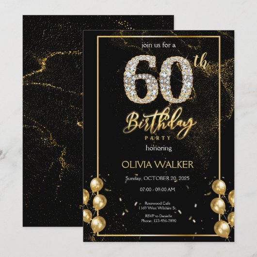 Diamant Zwart en Goud Verjaardag Kaart (Voorkant / Achterkant)