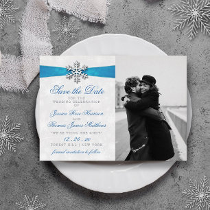 Diamante Sneeuwvlok & Blauwe Lint Winterhuwelijk Folie Uitnodiging