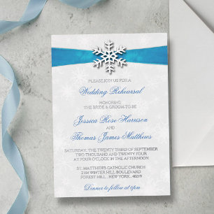 Diamante Sneeuwvlok & Blauwe Lint Winterhuwelijk Folie Uitnodiging