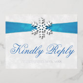 Diamante Sneeuwvlok & Blauwe Lint Winterhuwelijk Folie Uitnodiging Briefkaart (Voorkant)