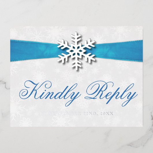 Diamante Sneeuwvlok & Blauwe Lint Winterhuwelijk Folie Uitnodiging Briefkaart (Voorkant)